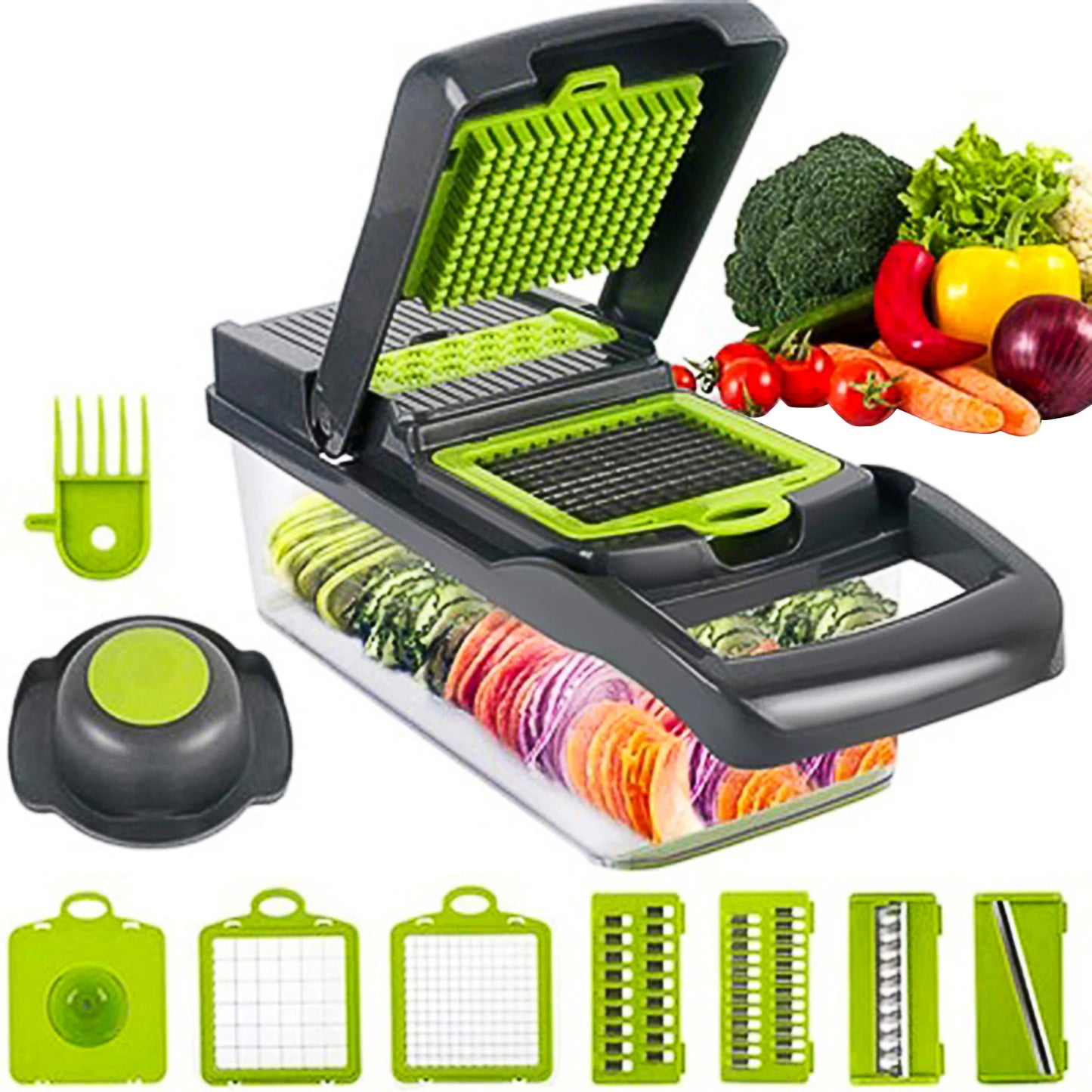 22 in 1 Vegetable Cutter with Container Veggie Choppers and Dicers Food Chopper Cutter for Onion Tomato Multi Kitchen Tool with Lemon Squeezer -13 Blades