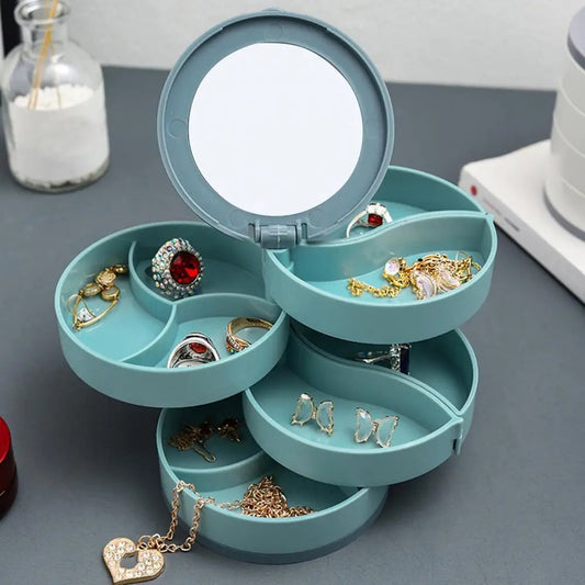 Rotatable Jewelry Organizer Storage Box 4 Layers Plastic Jewelry Case Dust-proof Jewelry Box with Mirror