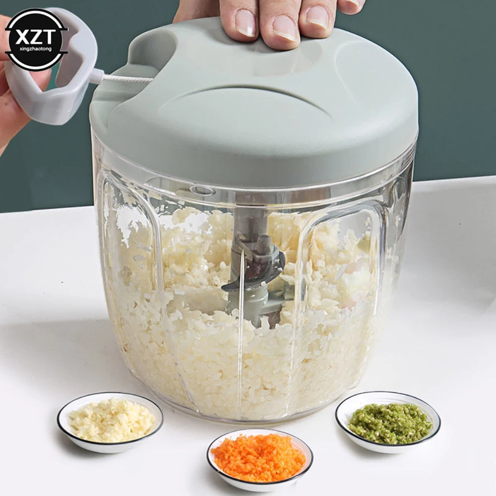 Manual Rotate Garlic Press & Food Processor – 500/900ml Chopper, Blender, and Meat Mincer with 3 Blades