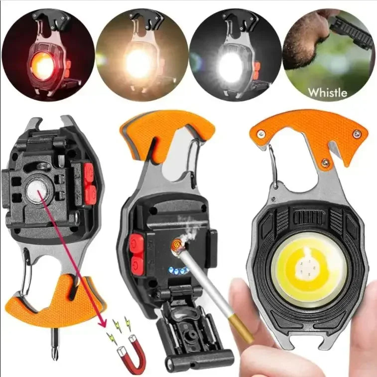 LED Keychain Lamp for Camping COB Work Lights 3 Gears Multifunction Rechargeable Flashlight with Cigarette Lighter Screwdriver