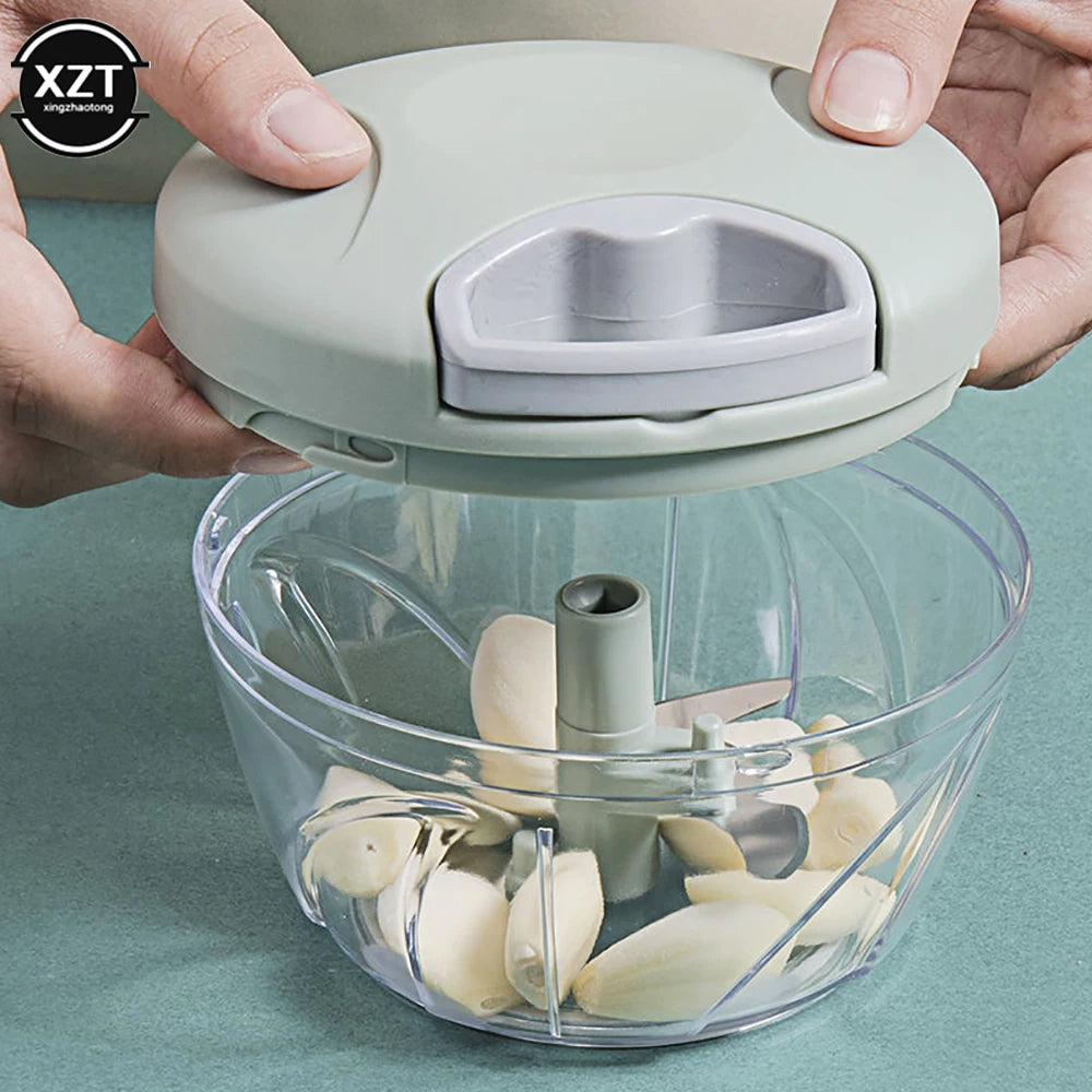 Manual Rotate Garlic Press & Food Processor – 500/900ml Chopper, Blender, and Meat Mincer with 3 Blades