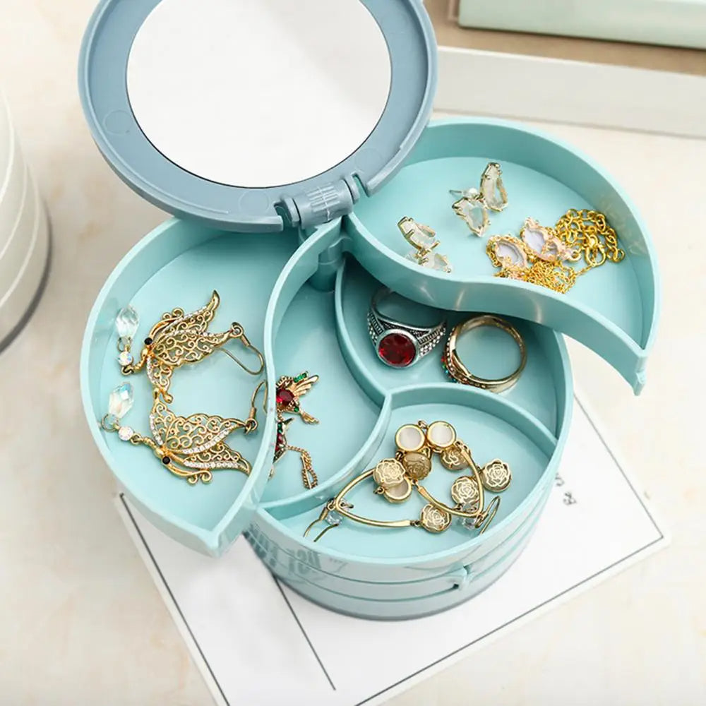 Rotatable Jewelry Organizer Storage Box 4 Layers Plastic Jewelry Case Dust-proof Jewelry Box with Mirror